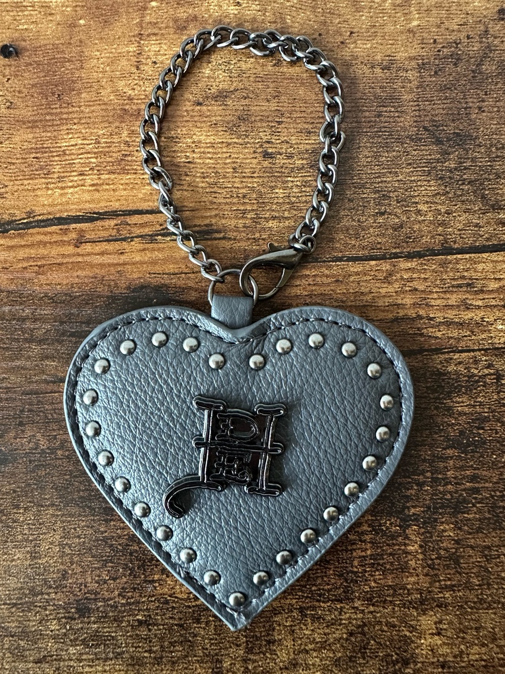 Ed Hardy Heart-Shaped Faux Leather Bag Charm Keychain Gray w/ Studs & Logo NWOT
